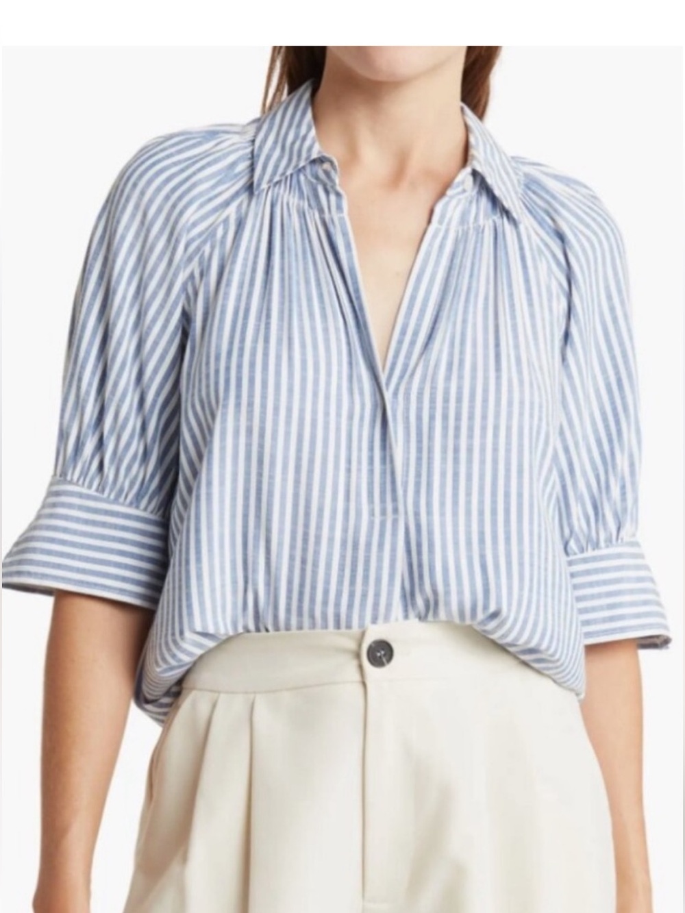 Max Studio Blue and White Vertical Stripe Button-Down Shirt